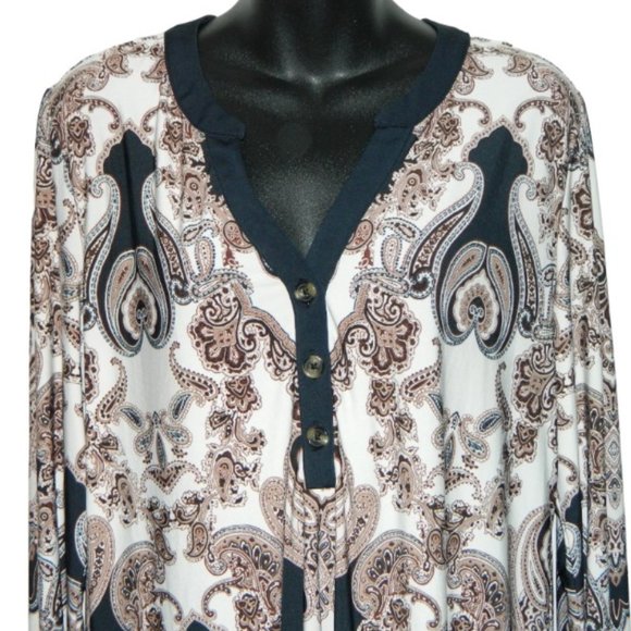 2 for/$30 CLEO Paisley Pattern V-Neck Long Tunic Taupe Black Cream Size Larges - Picture 3 of 10
